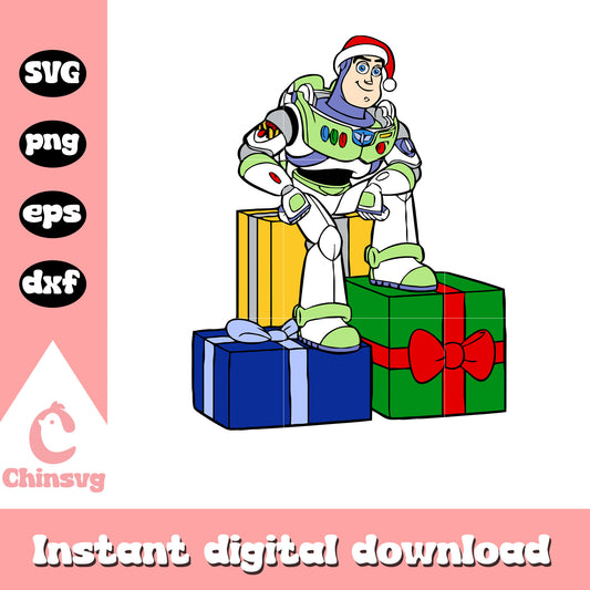 Buzz lightyear santa hat present christmas svg, buzz lightyear christmas​ svg