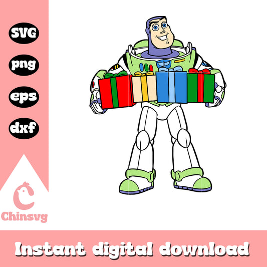 Buzz with christmas present design svg, buzz lightyear christmas​ svg