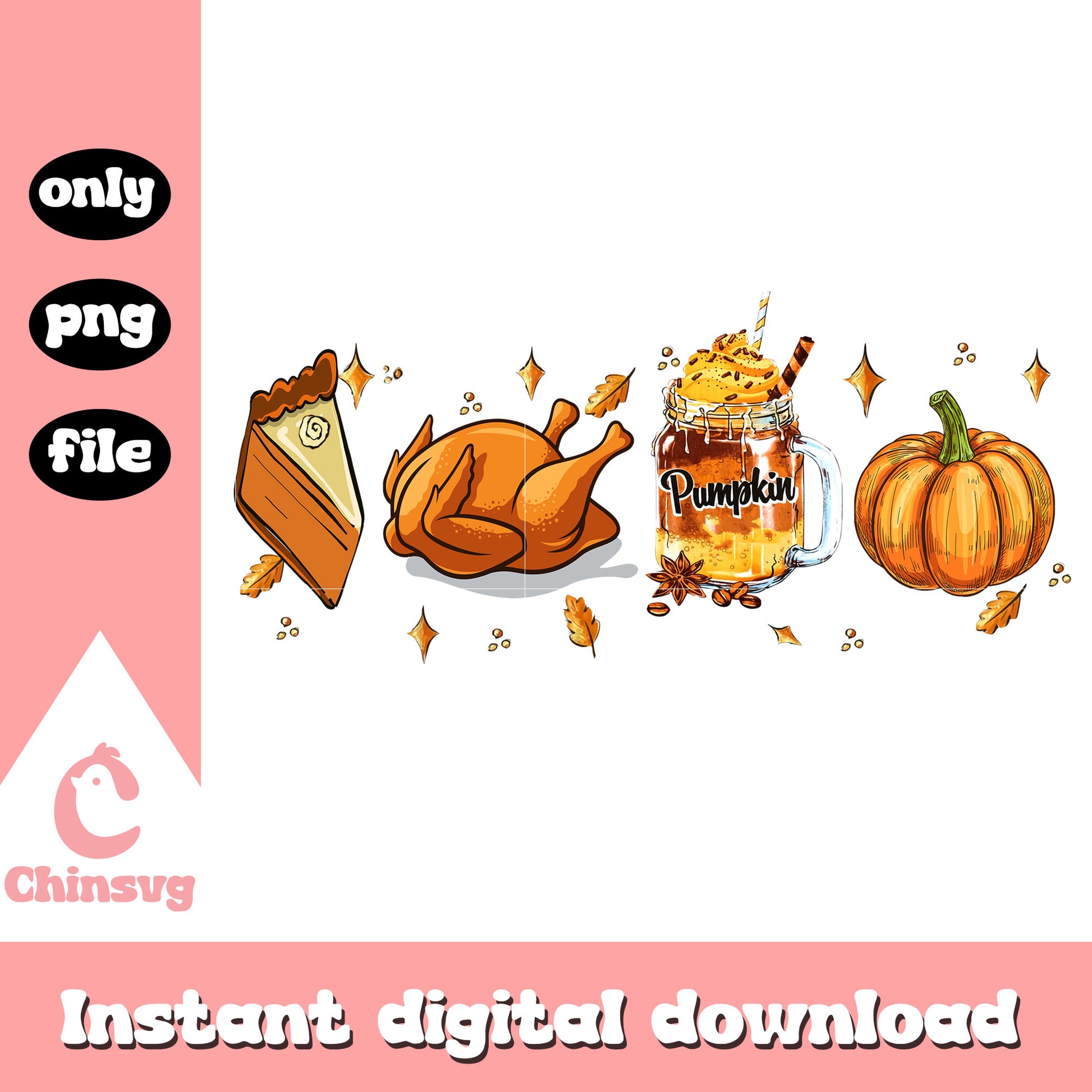 Cake chicken drink pumpkin design png, autumn foods png