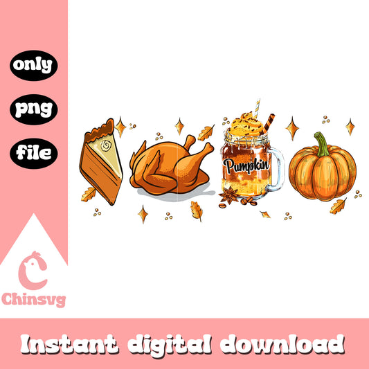 Cake chicken drink pumpkin design png, autumn foods png
