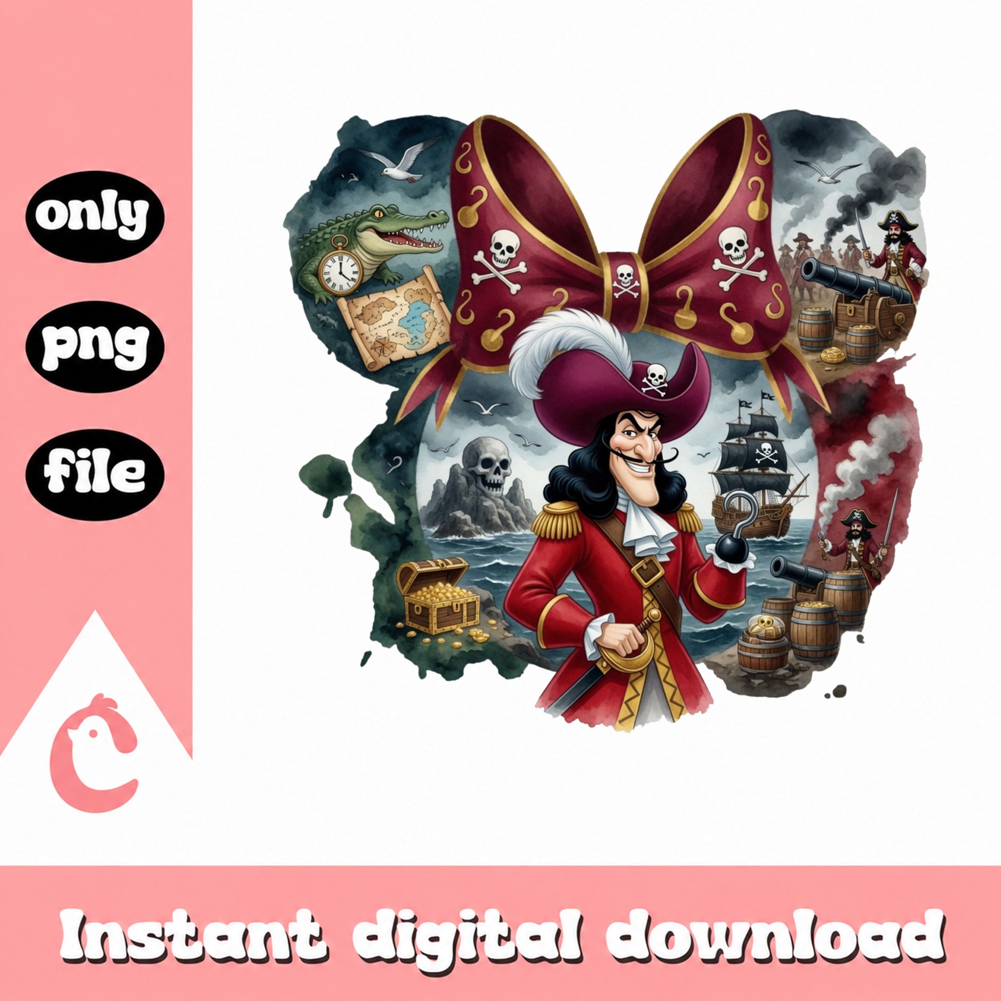 Captain Hook Minnie Bow PNG, Disney Villain Pirate PNG, Peter Pan PNG
