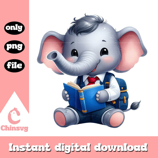 Cartoon elephant character reading book png, private school near me png