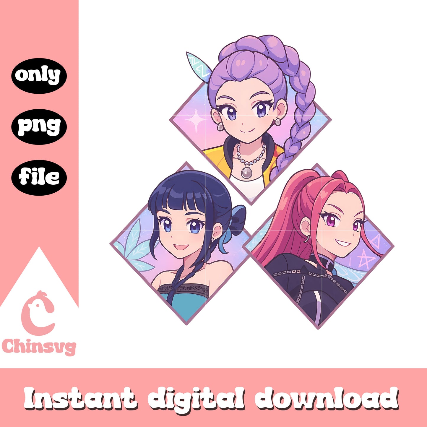 Cartoon kpop hunters huntrix design png, huntrix members png