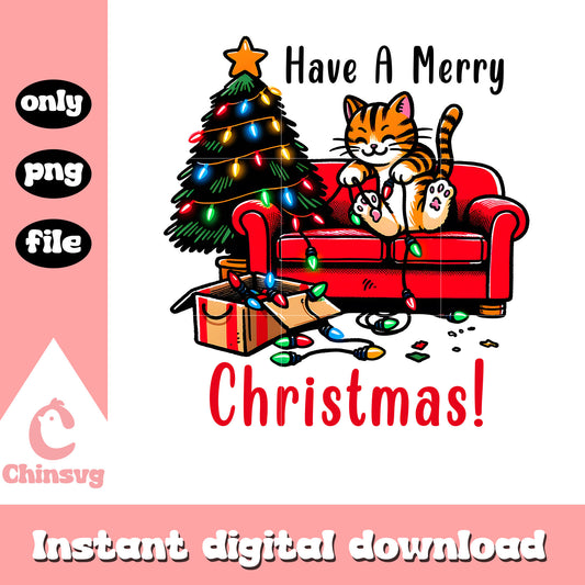 Cat have a merry christmas design png, cat christmas tree​ png