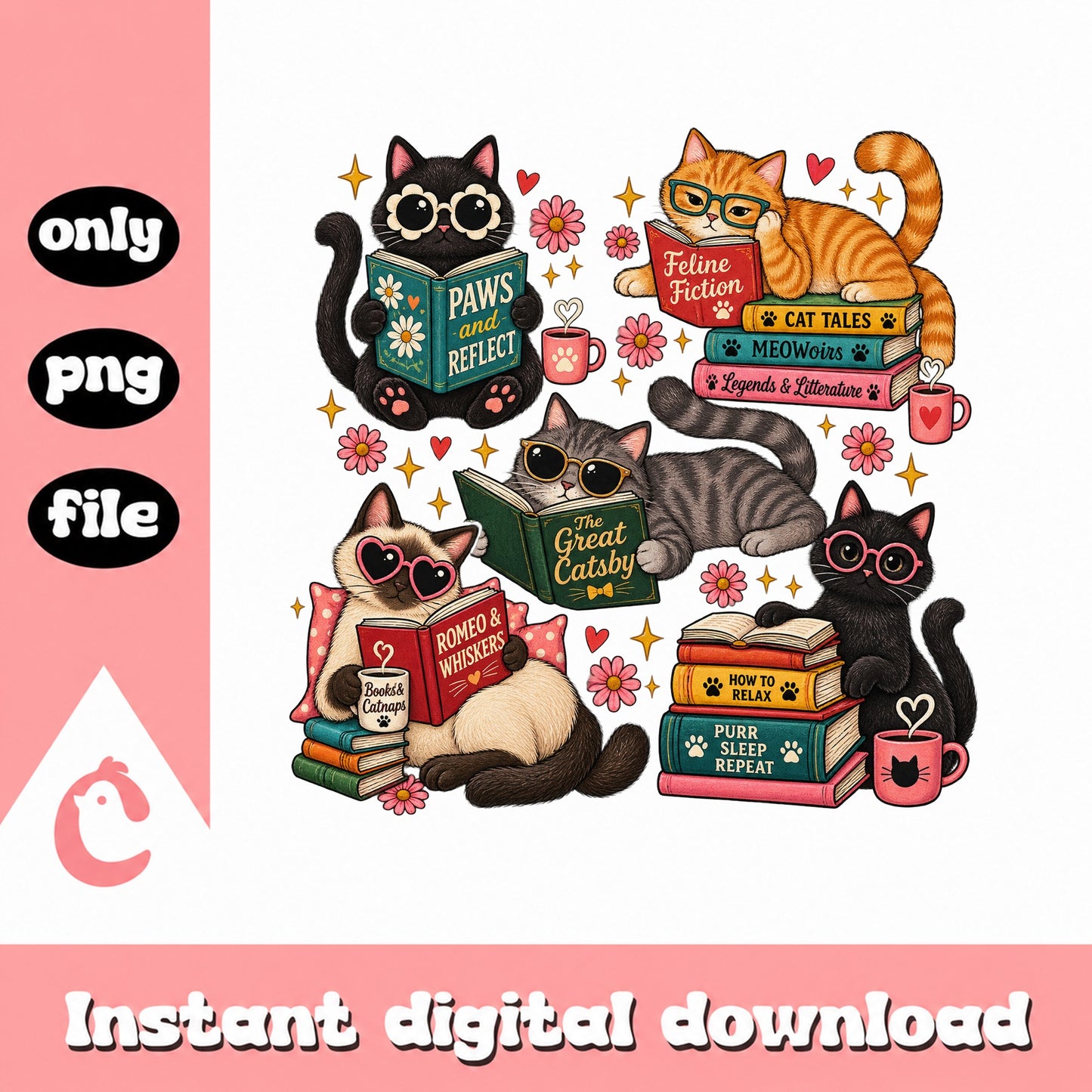 Cats Reading Books PNG Bundle, Book Lover Clipart, Cute Cat PNG