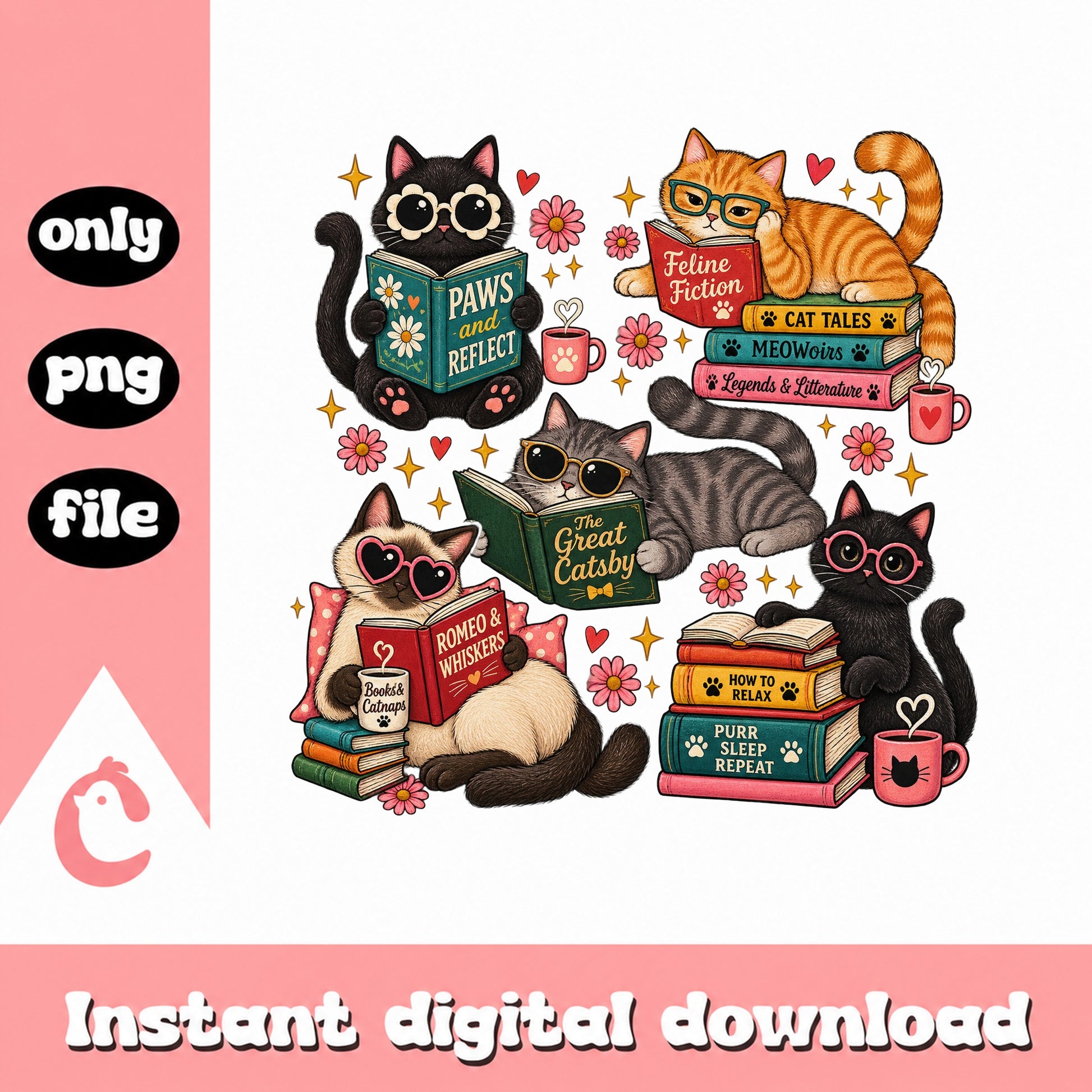 Cats Reading Books PNG Bundle, Book Lover Clipart, Cute Cat PNG