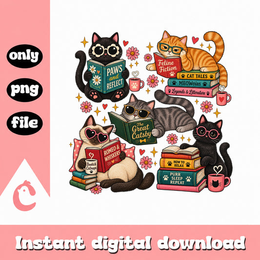 Cats Reading Books PNG Bundle, Book Lover Clipart, Cute Cat PNG