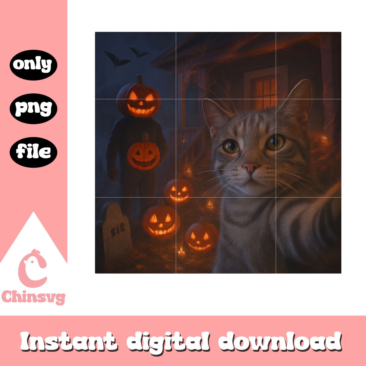 Cat selfie with halloween background png, halloween cat png