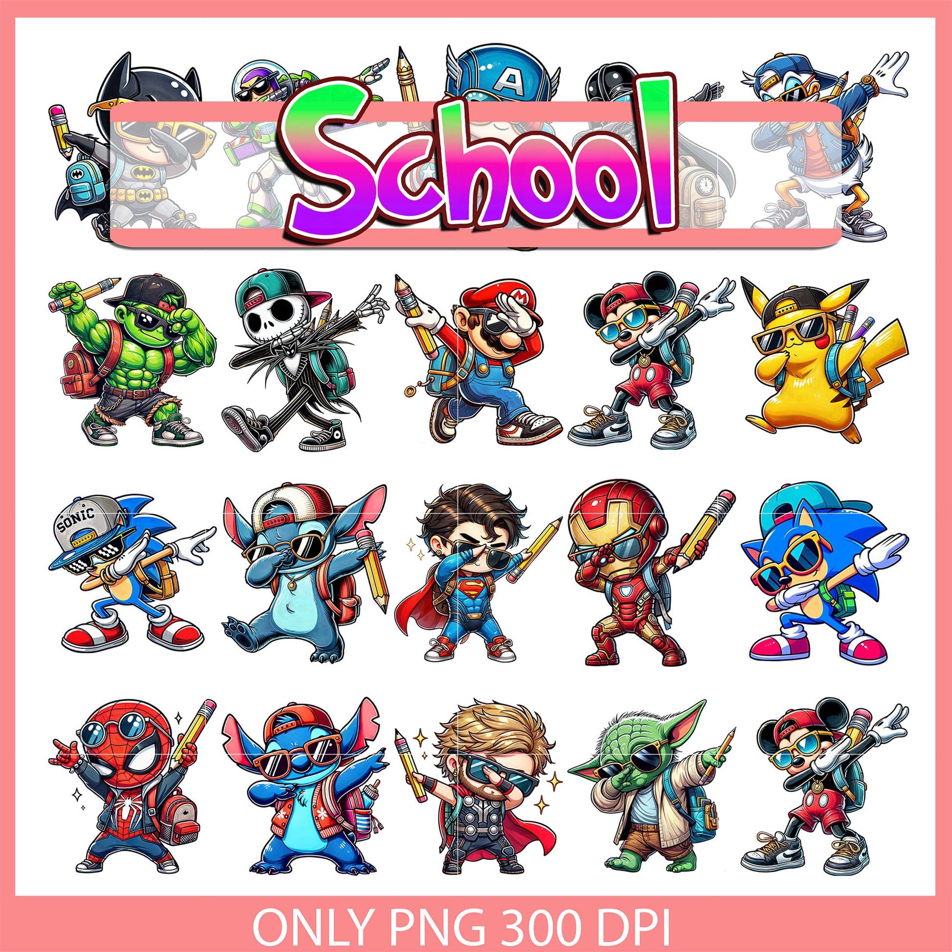 Characters dabbing design bundle png, going back to school png