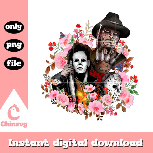 Characters floral horror halloween design png, movie spooky png