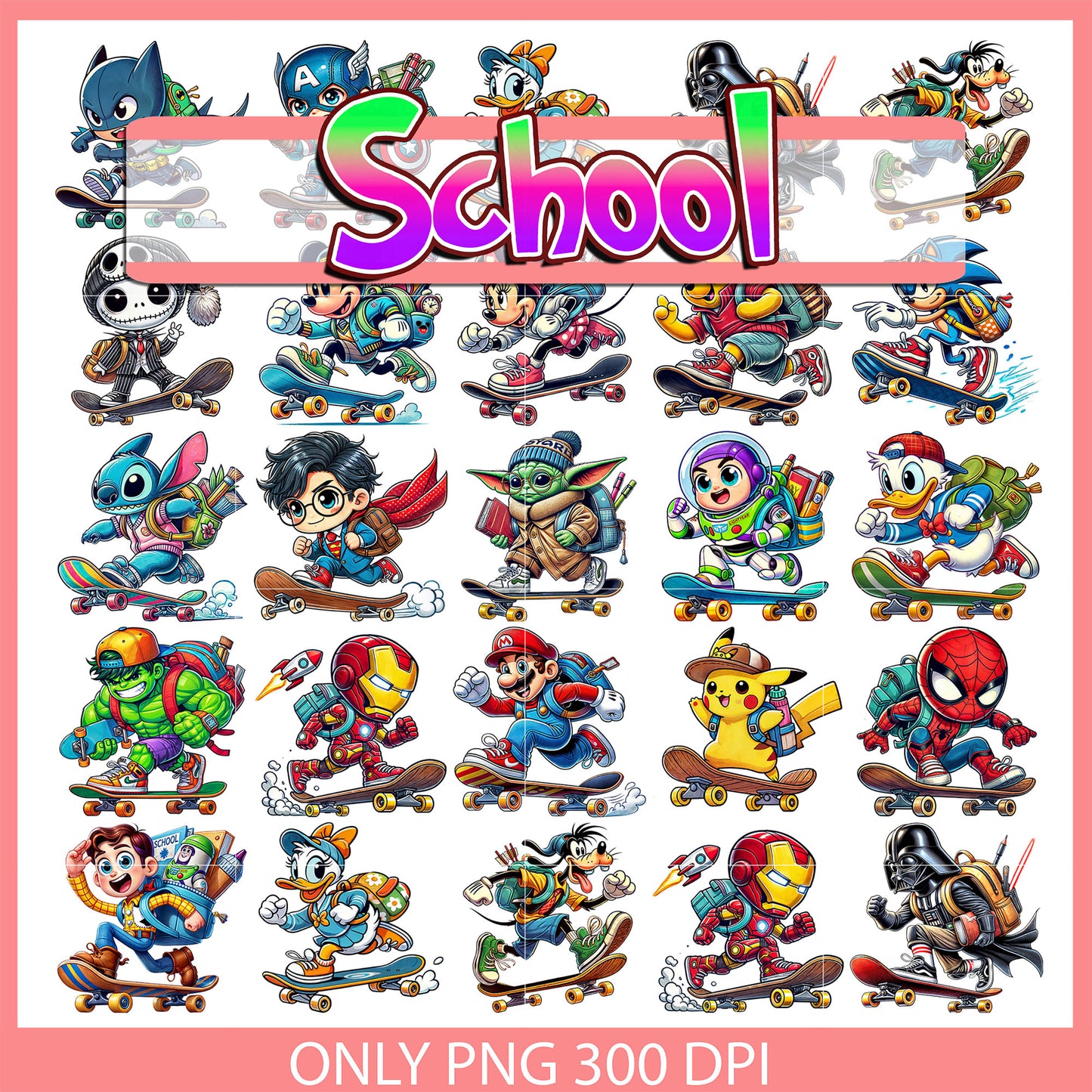 Characters skateboarding to school bundle png, back to school png