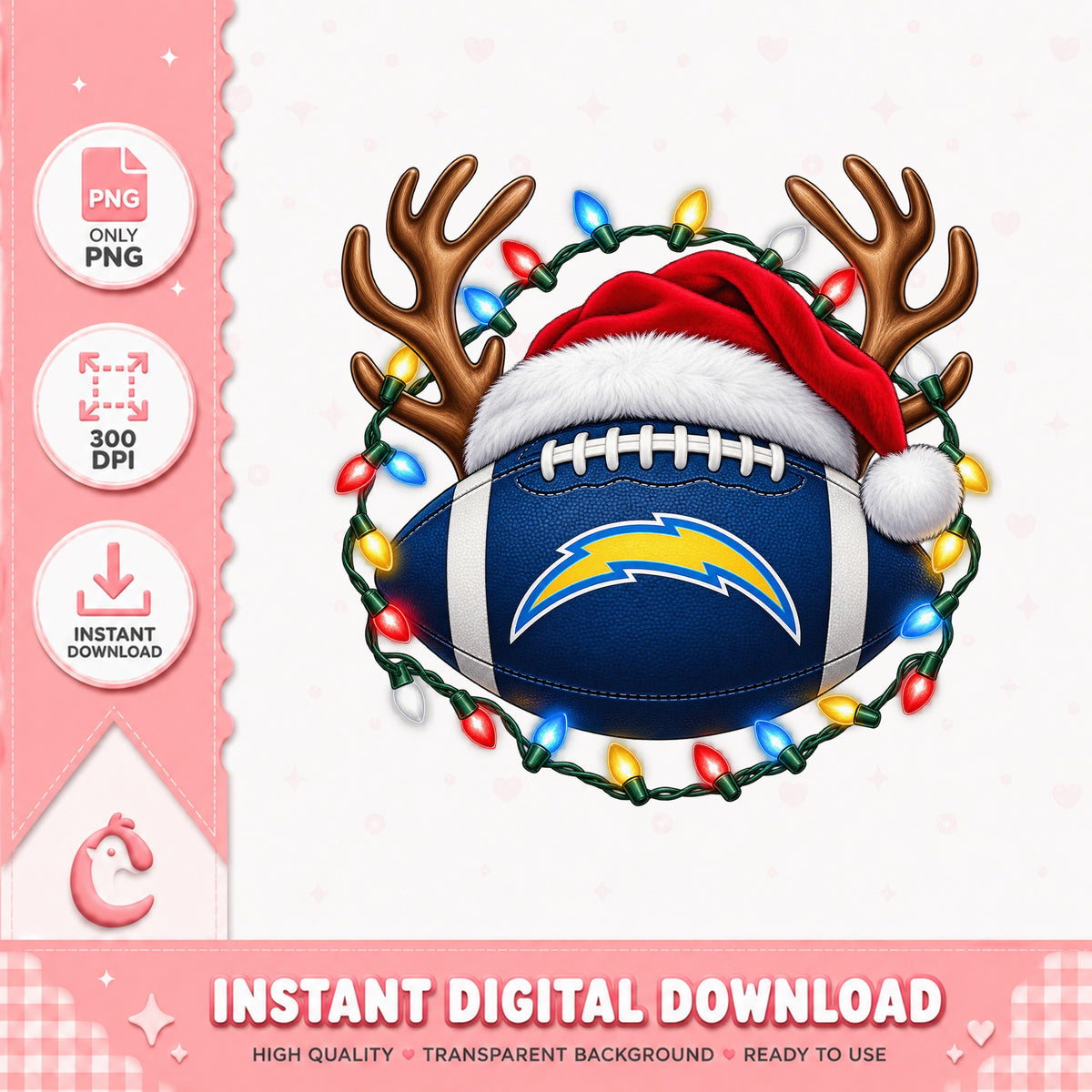 Chargers Football Christmas PNG, Santa Hat Reindeer, NFL PNG