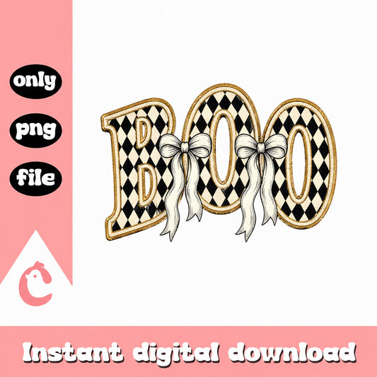 Checkered Boo With Ribbon Bow, Halloween Design, PNG Clipart