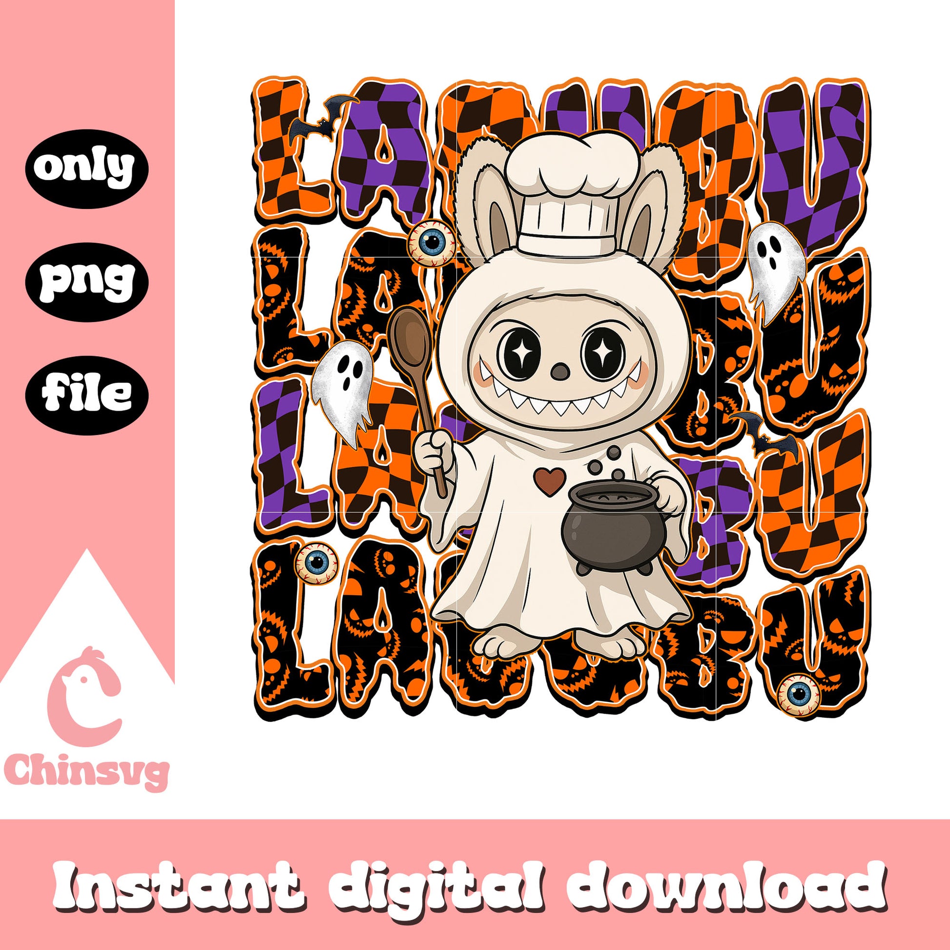 Chef ghost labubu doll design png, halloween ghost png