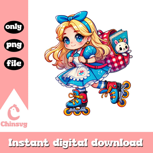 Chibi alice roller skating to school design png, disney alice png