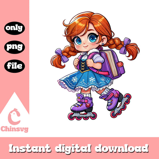 Chibi anna roller skating to school design png, disney anna png