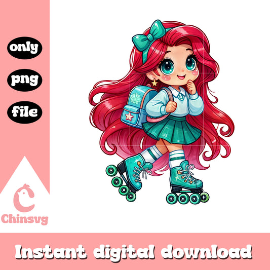 Chibi ariel roller skating to school design png, disney ariel png