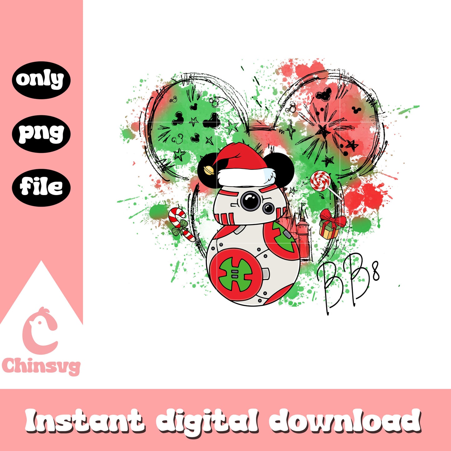 Chibi bb8 disney ear xmas watercolor png, bb8 star wars png