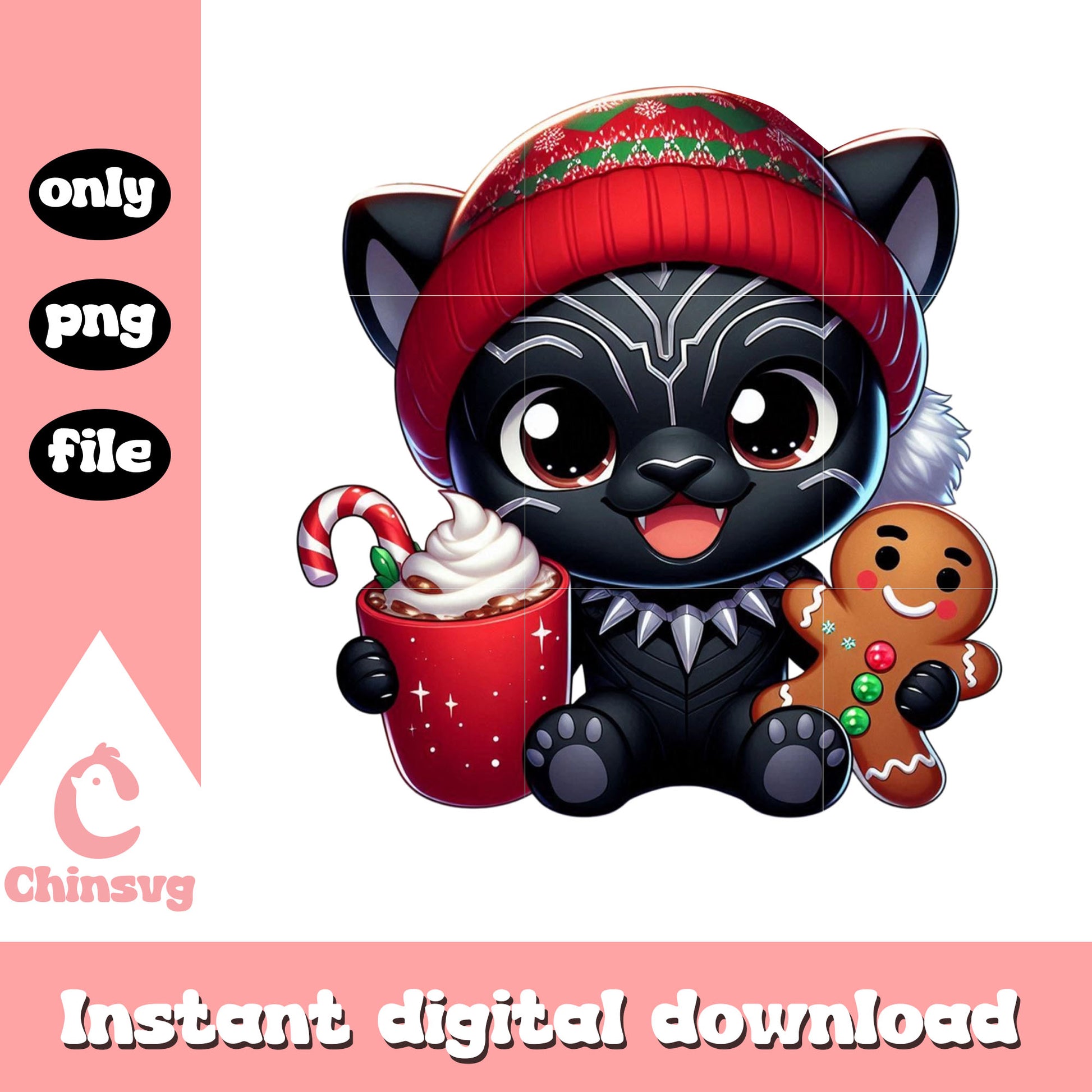 Chibi black panther christmas coffee png, christmas mug png