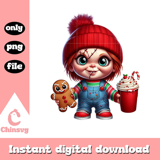 Chibi chucky christmas cup design png, chucky childs play png