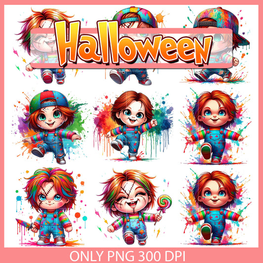 Chibi chucky watercolor design bundle png, chucky horror​ png