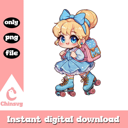 Chibi cinderella roller skating to school design png, cinderella png
