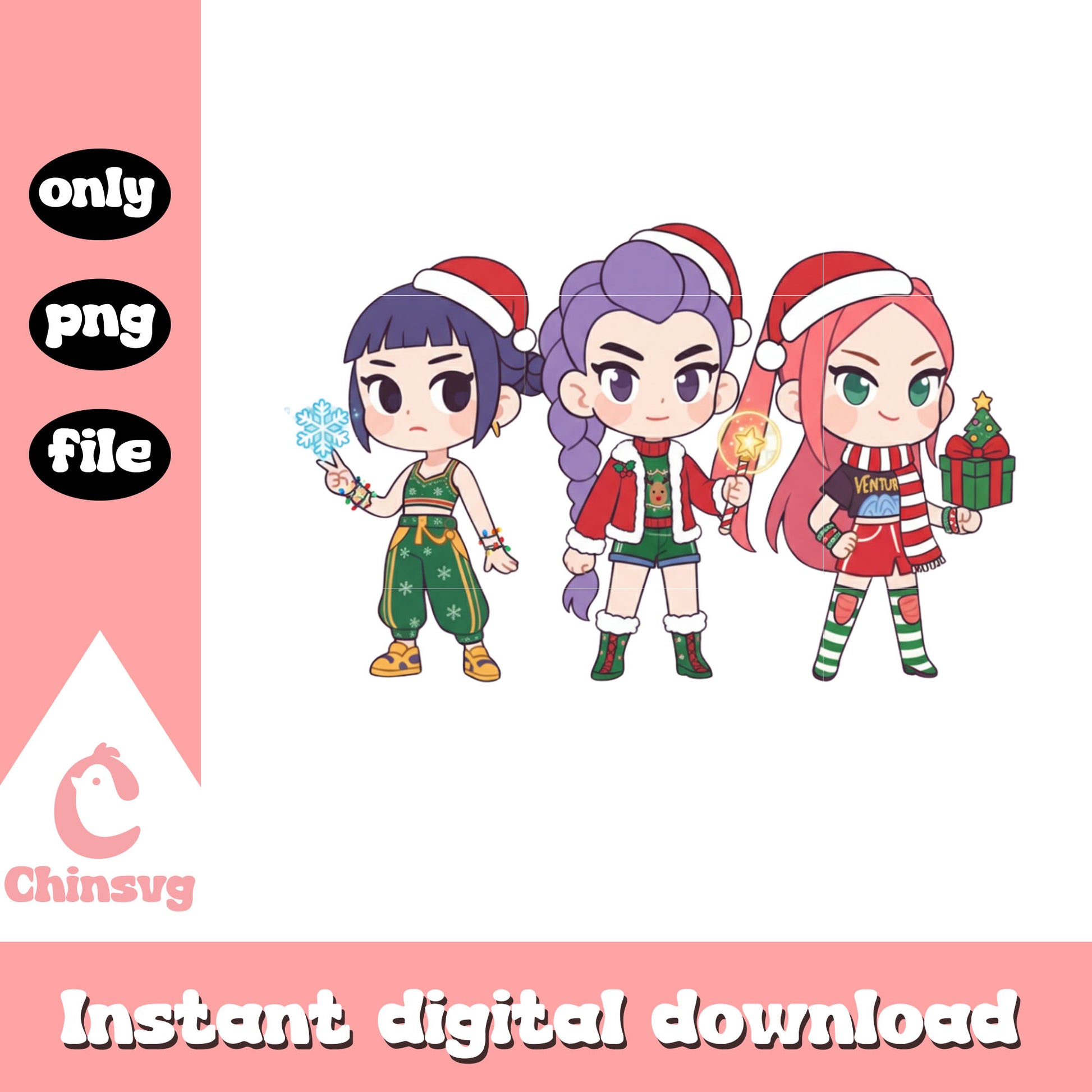 Chibi cute huntrix members kpop xmas png, huntrix girl band png