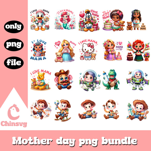 Chibi disney characters love mom bundle png, disney png, mother's day png