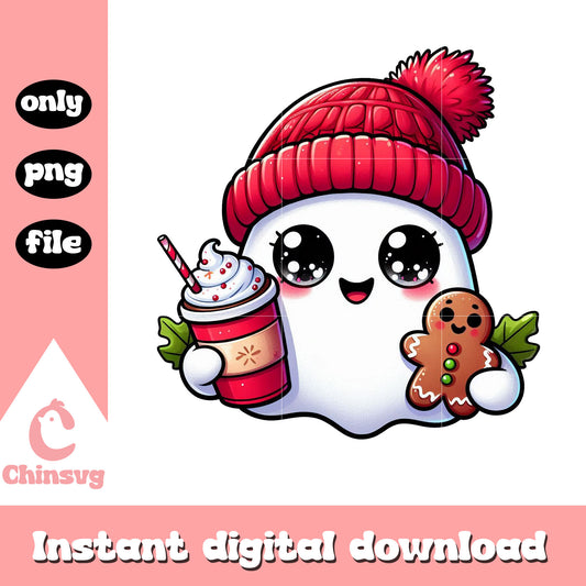 Chibi ghost christmas coffee cup design png, ghost baby png