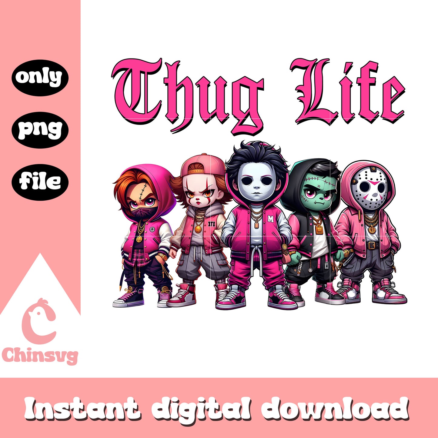 Chibi horror characters thug life pink gangster png, horror movies png