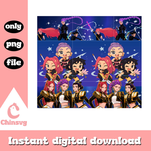 Chibi huntrix band members design png, kpop demon hunters png