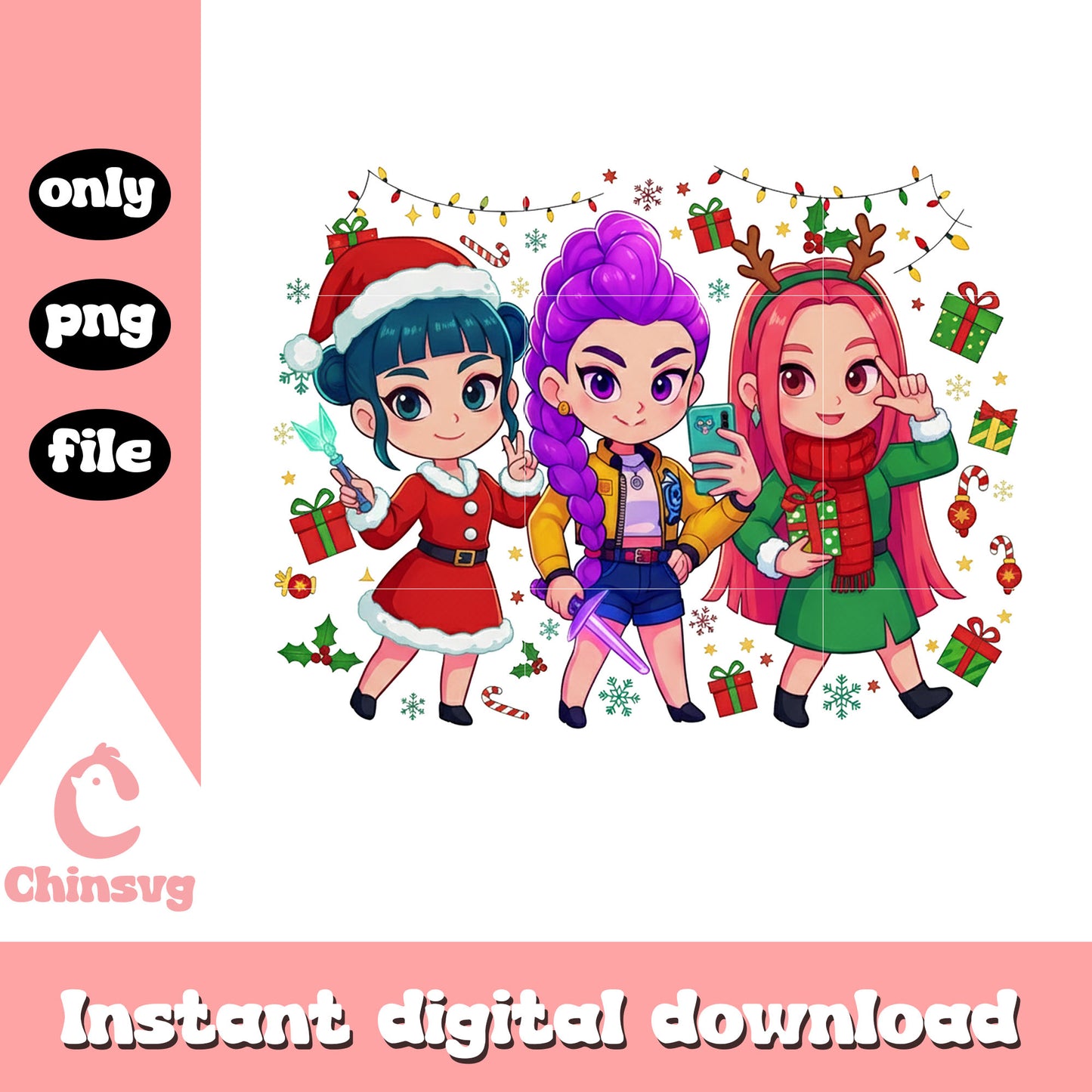 Chibi huntrix christmas clothes png, huntrix kpop hunters png