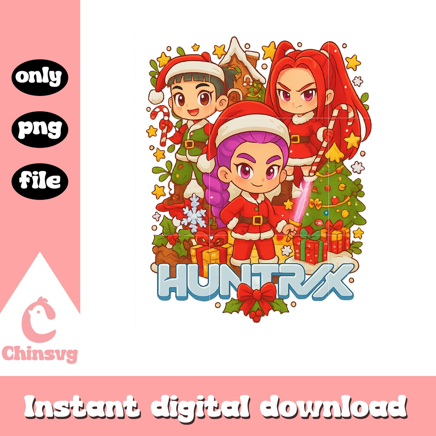 Chibi huntrix santa claus design png, christmas background png