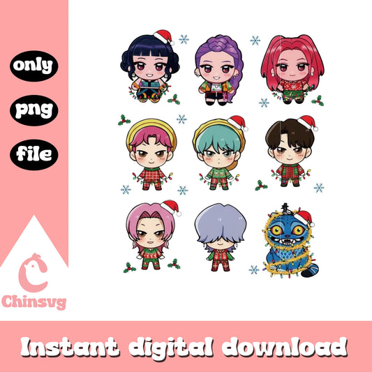 Chibi kpop hunters members christmas png, xmas holiday png