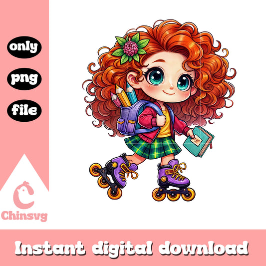 Chibi merida roller skating to school design png, disney merida png