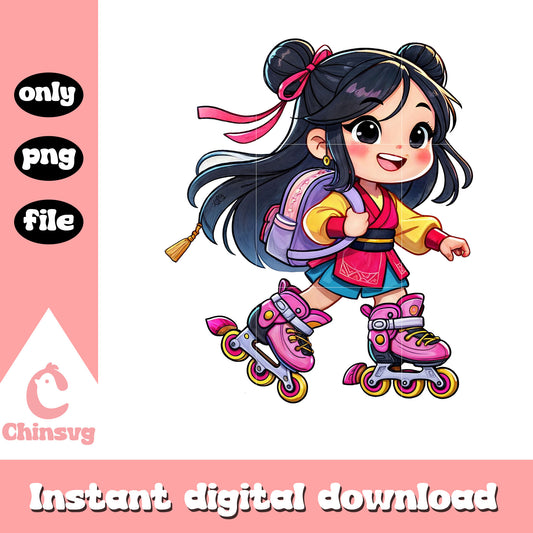Chibi mulan roller skating to school design png, disney mulan png