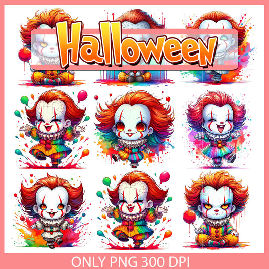 Chibi penny wise watercolor design bundle png, pennywise horror​ png