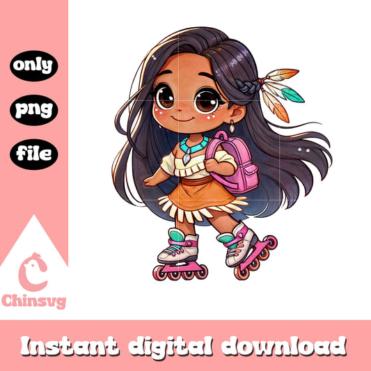 Chibi pocahontas roller skating to school design png, pocahontas png