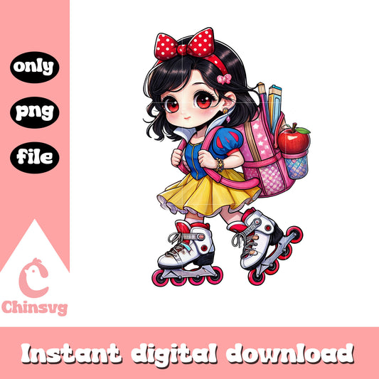 Chibi snow white roller skating to school design png, snow white png