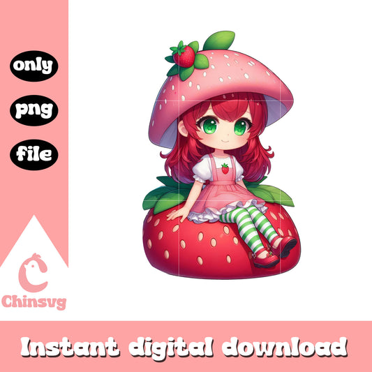 Chibi strawberry cute doll clipart png, girls strawberry dress png