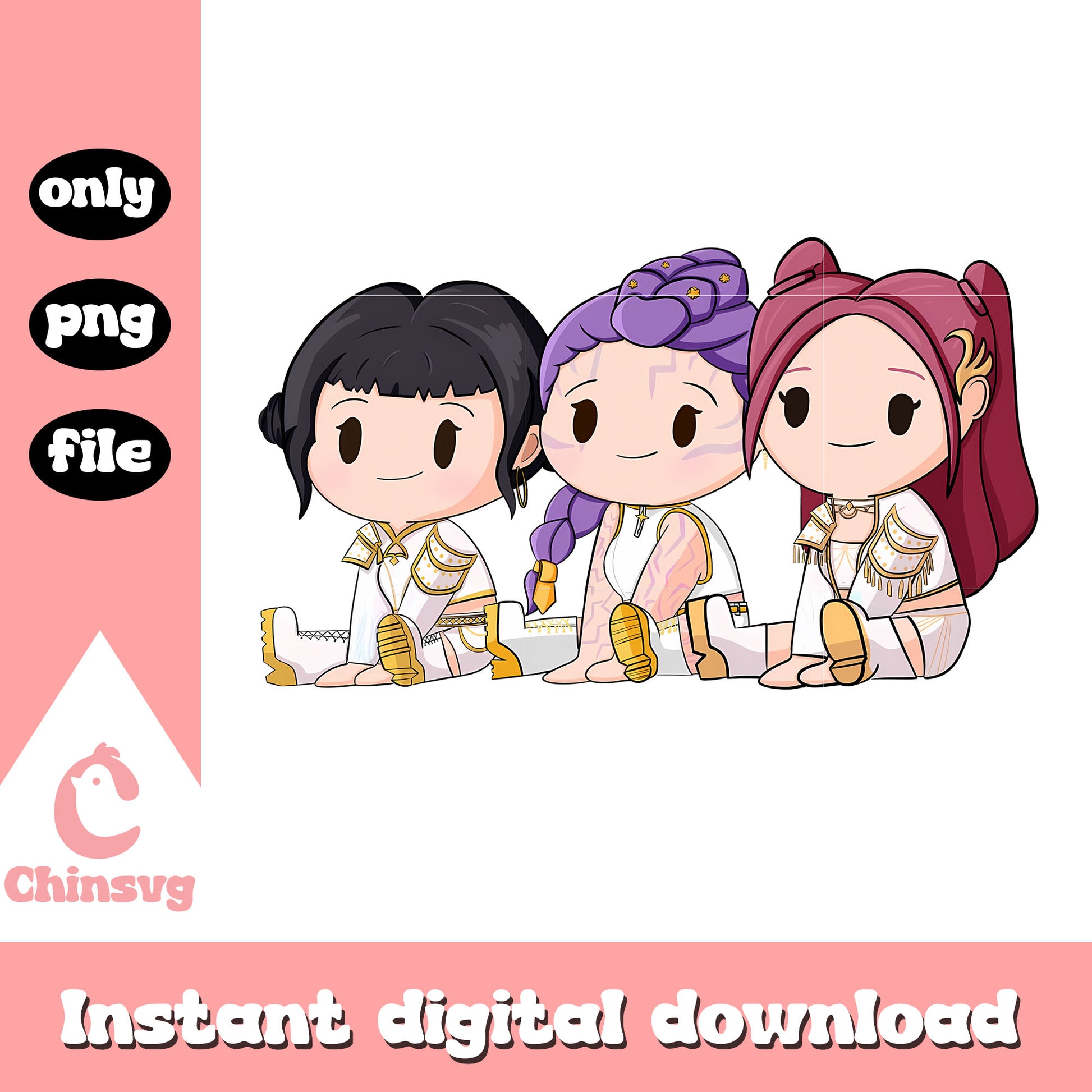 Chibi team girl funny design png, demon hunters movie png