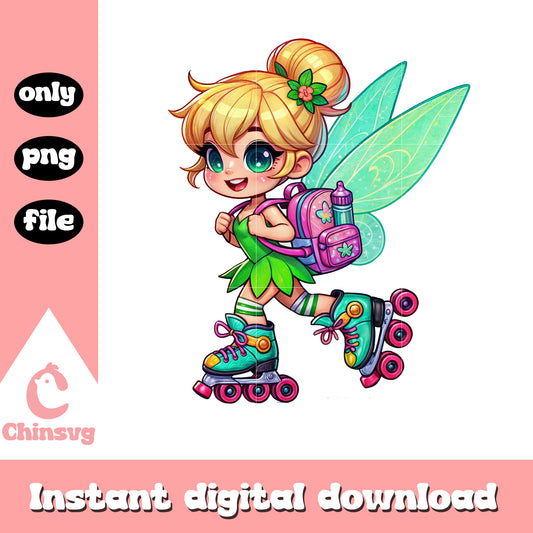 Chibi tinkerbell roller skating to school design png, tinkerbell png