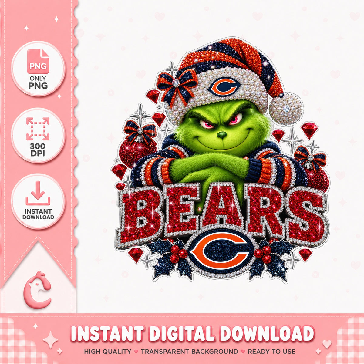 Chicago Bears Grinch Christmas PNG, NFL Holiday PNG, Bears PNG