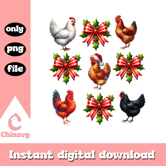 Chicken christmas coquette bow design png, christmas bow png​