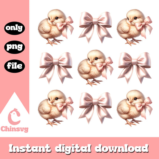 Chicks and bows pattern design png, cute chicken​ png, bows png