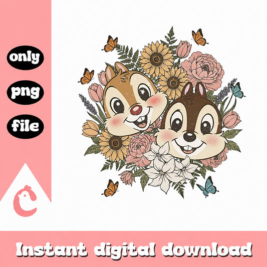 Chip And Dale Floral PNG, Disney Chipmunk Bouquet PNG, Retro PNG