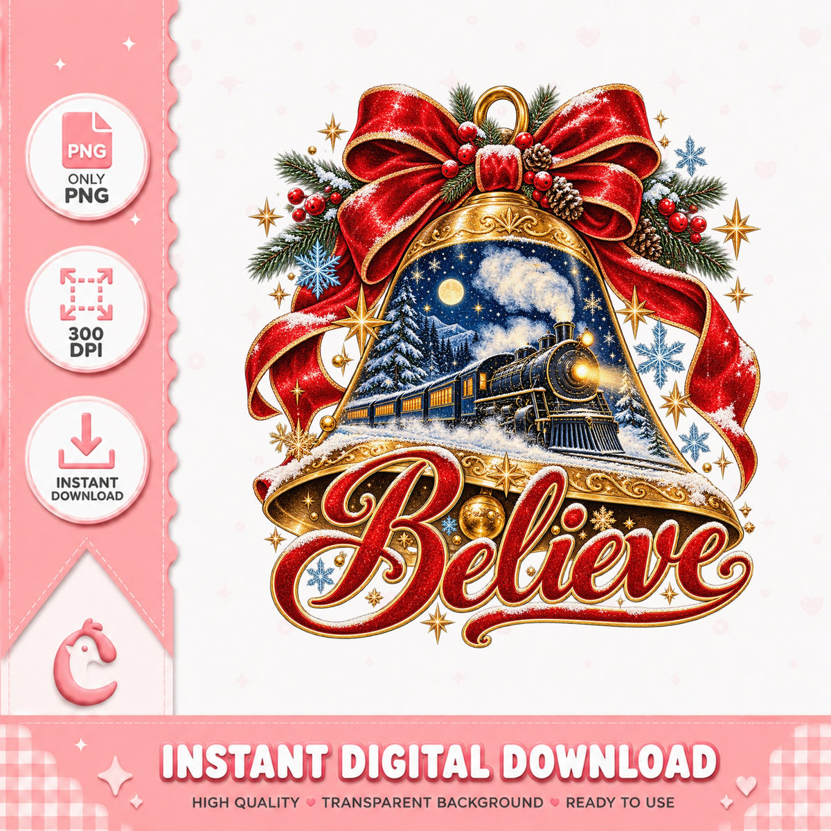 Christmas Believe Train Bell PNG, Holiday Winter Scene, PNG
