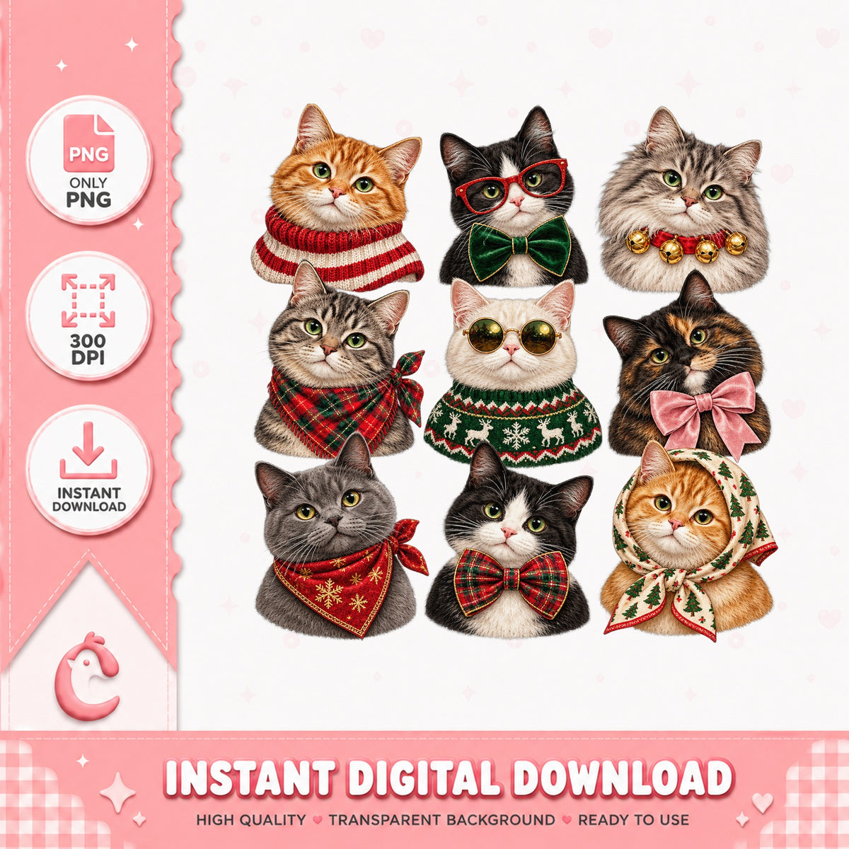 Christmas Cats Clipart Bundle, Holiday Cat Graphics, PNG