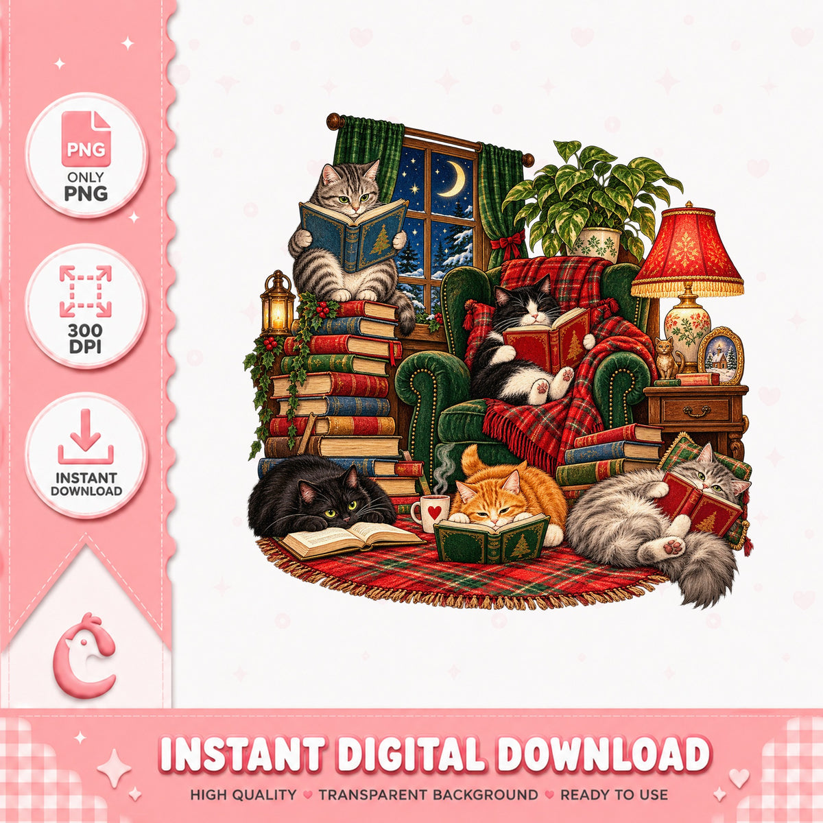 Christmas Cats Reading Books PNG, Cozy Winter Clipart, PNG