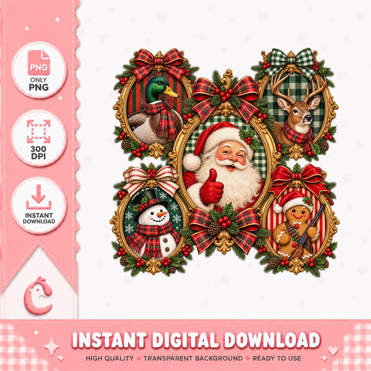 Christmas Frame Ornaments Bundle, Santa Snowman Deer, PNG